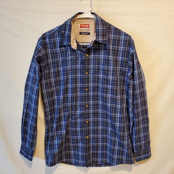 Wrangler Shirt Mens Small Wrinkle Resistant Button Plaid Blue White Top Western - Picture 3 of 9